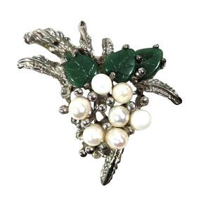 Grapevine Cluster Silver Pin Brooch Faux Pearls Green Leaves Vintage 1960's